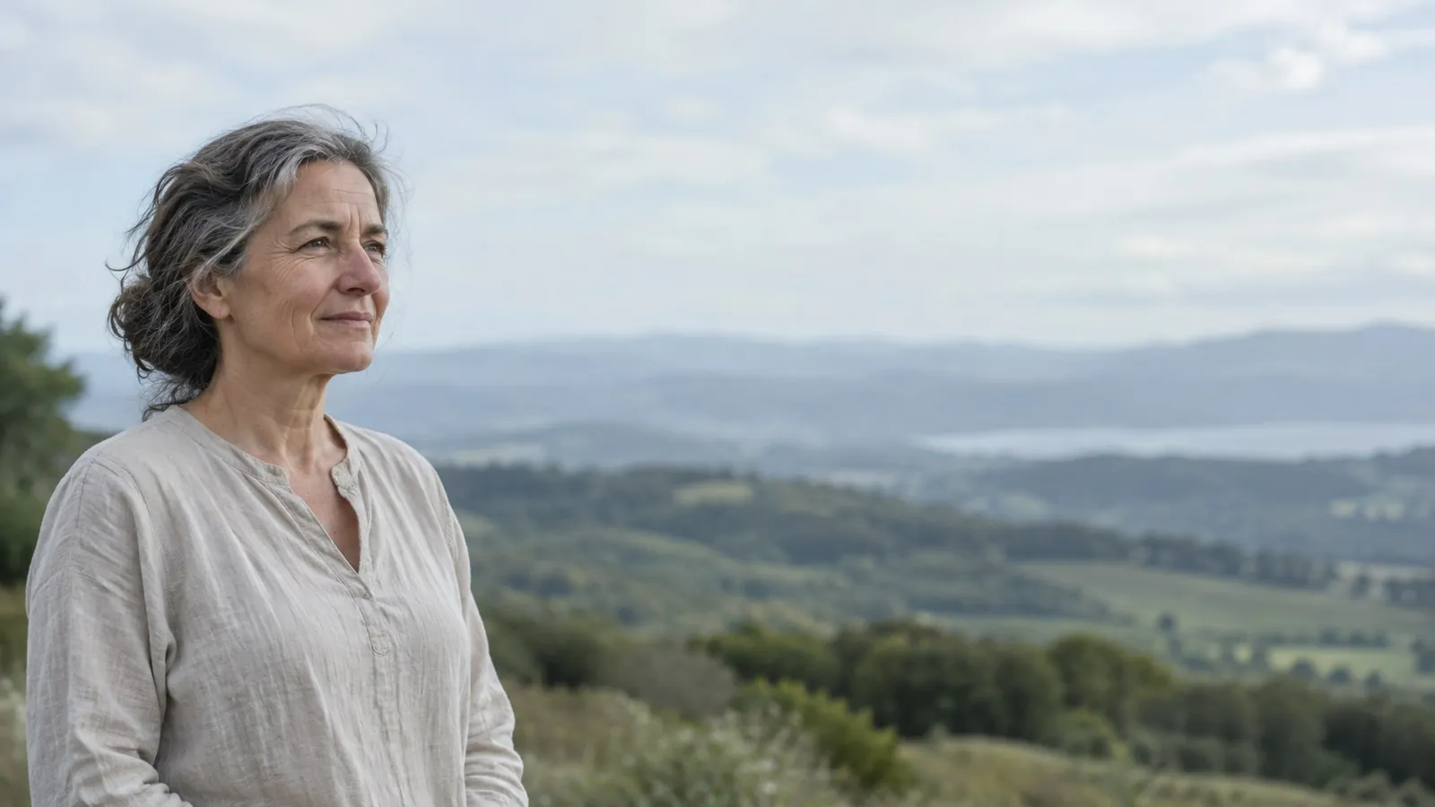 Femme aux cheveux gris qui regarde l'horizon, devant un paysage de collines
